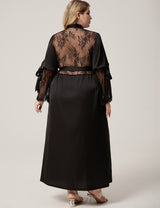 Women Plus Size Black Satin Lace-Trim Sleeve Robe