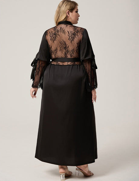 Women Plus Size Black Satin Lace-Trim Sleeve Robe