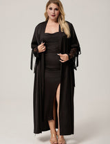 Women Plus Size Black Satin Lace-Trim Sleeve Robe