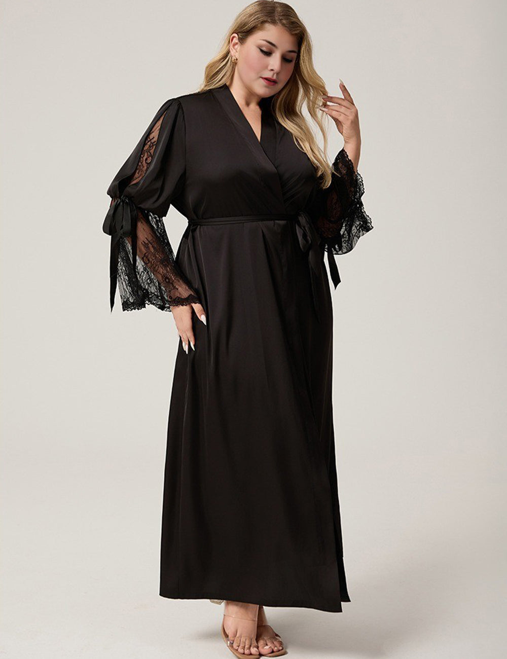 Women Plus Size Black Satin Lace-Trim Sleeve Robe