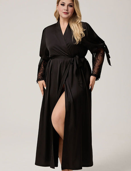 Women Plus Size Black Satin Lace-Trim Sleeve Robe