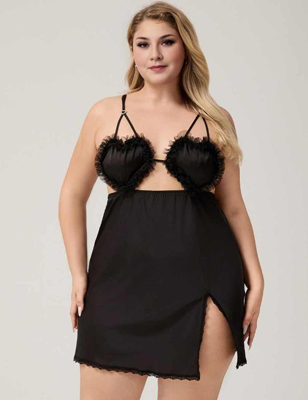 Women Plus Size Black Satin & Lace Cut-Out Nightgown