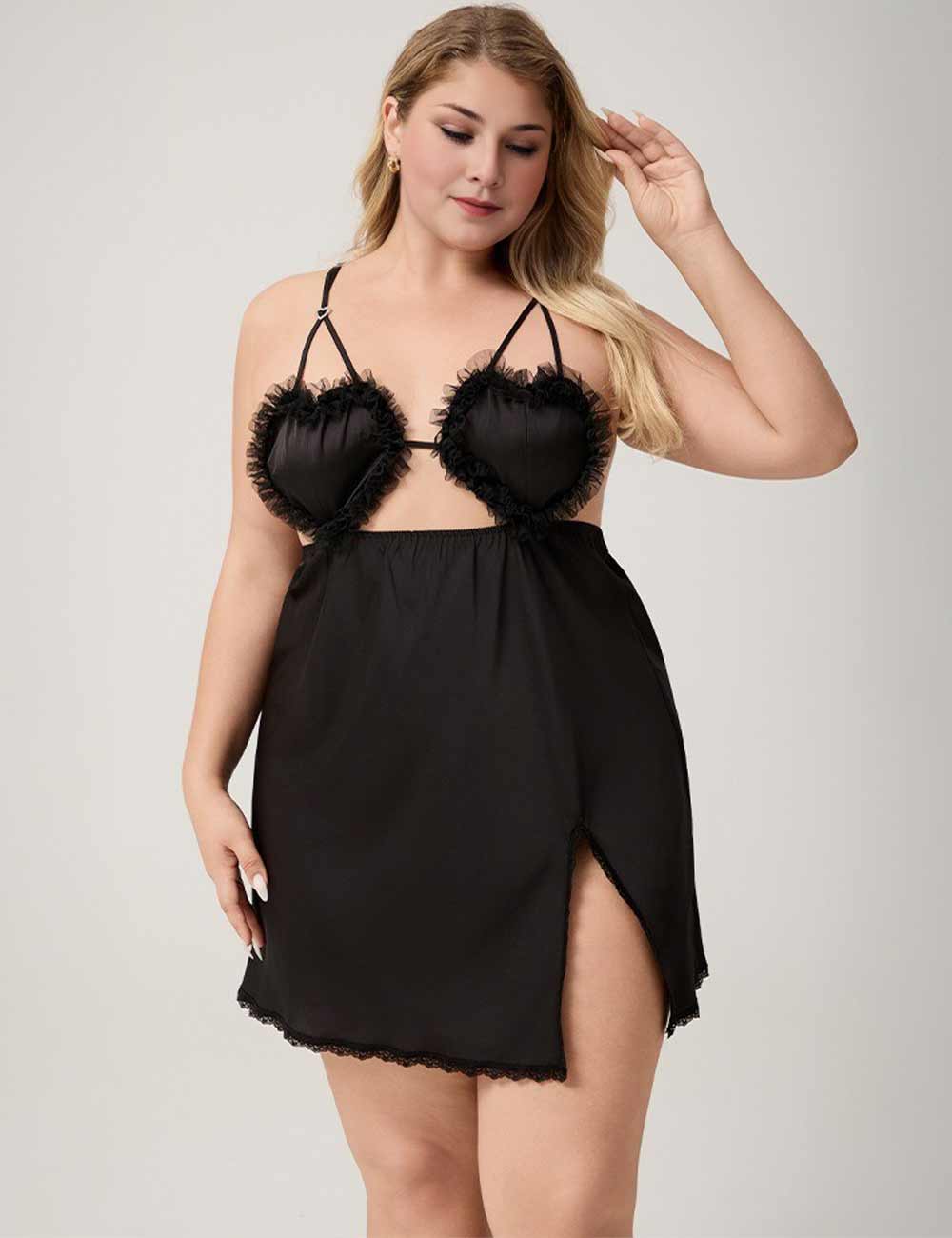 Women Plus Size Black Satin & Lace Nightgown