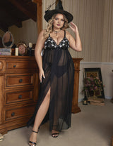 Women Plus Size Black Skull Embroidery Halloween Chemise
