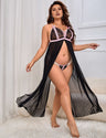 Women Plus Size Black Split Long Sheer Nightgown