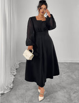 Women Plus Size Black Square Neck Chiffon Sleeve Maxi Dress
