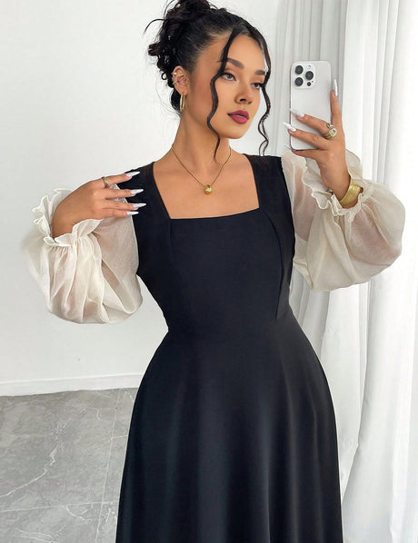Women Plus Size Black Square Neck Sheer Sleeve Maxi Dress