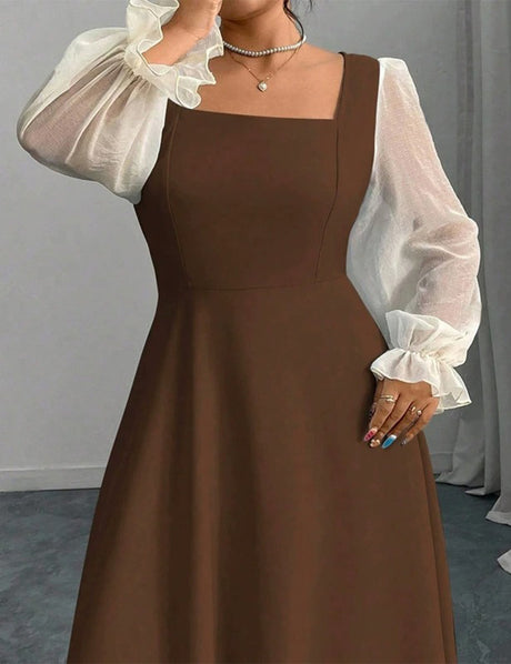 Women Plus Size Black Square Neck Sheer Sleeve Maxi Dress