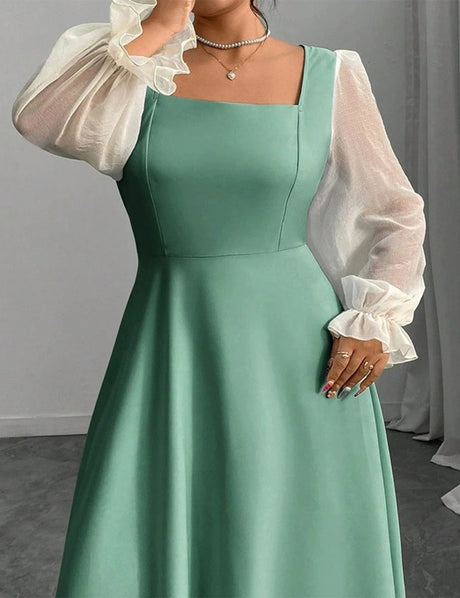Women Plus Size Black Square Neck Sheer Sleeve Maxi Dress
