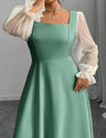 Women Plus Size Black Square Neck Sheer Sleeve Maxi Dress