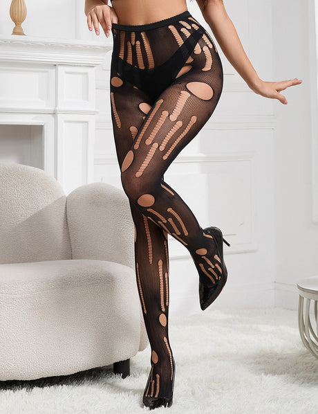 Women Plus Size Black Torn Fishnet Pantyhose