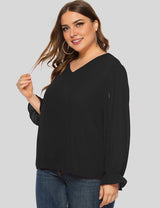 Women Plus Size Black V-Neck Split Sleeve Chiffon Blouse