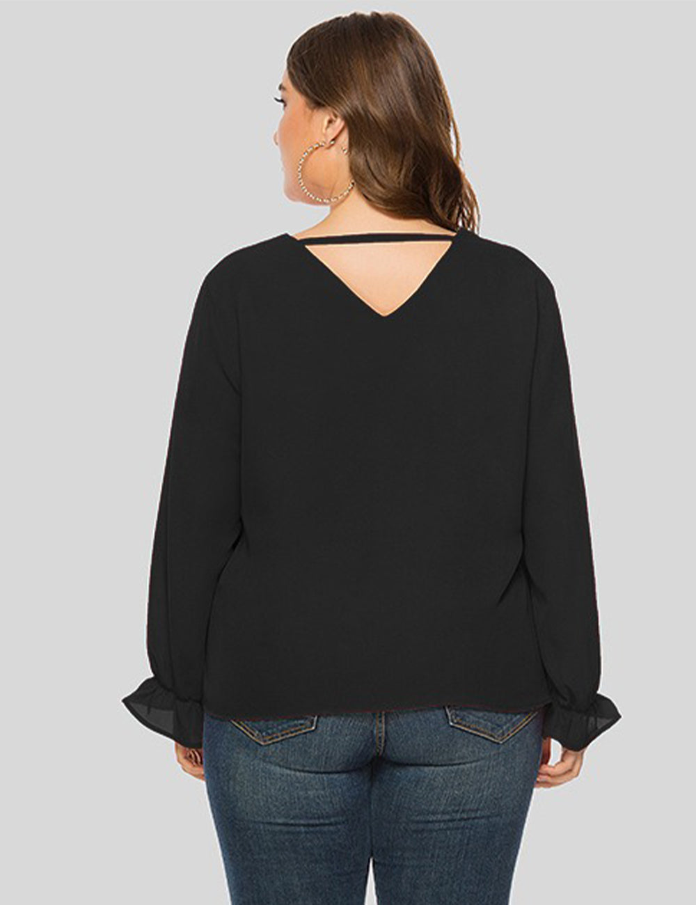 Women Plus Size Black V-Neck Split Sleeve Chiffon Blouse