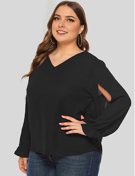 Women Plus Size Black V-Neck Split Sleeve Chiffon Blouse