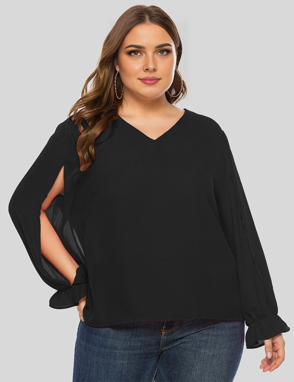 Women Plus Size Black V-Neck Split Sleeve Chiffon Blouse