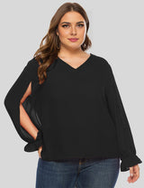 Women Plus Size Black V-Neck Split Sleeve Chiffon Blouse