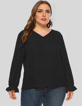 Women Plus Size Black V-Neck Split Sleeve Chiffon Blouse