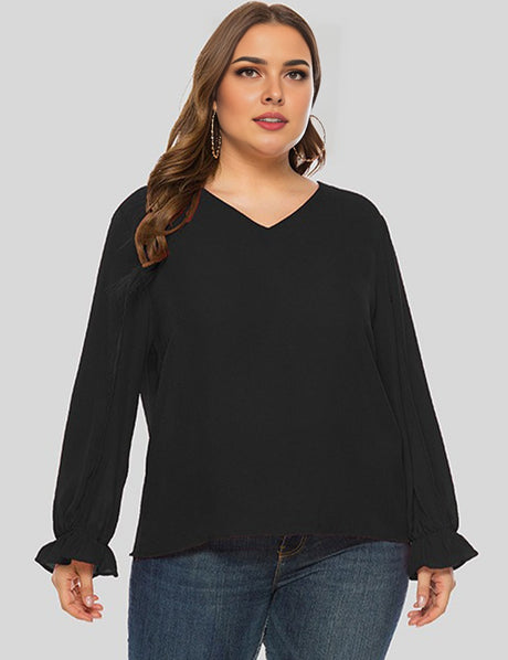 Women Plus Size Black V-Neck Split Sleeve Chiffon Blouse