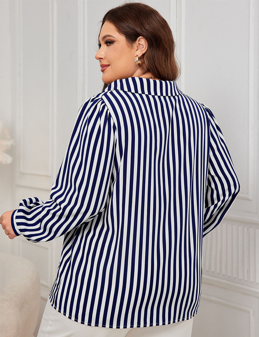 Women Plus Size Blue And White Striped V-Neck Long-Sleeved Shirt | PRUSES-1