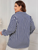Women Plus Size Blue And White Striped V-Neck Long-Sleeved Shirt | PRUSES-1