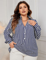 Women Plus Size Blue And White Striped V-Neck Long-Sleeved Shirt | PRUSES-2