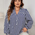 Women Plus Size Blue And White Striped V-Neck Long-Sleeved Shirt | PRUSES