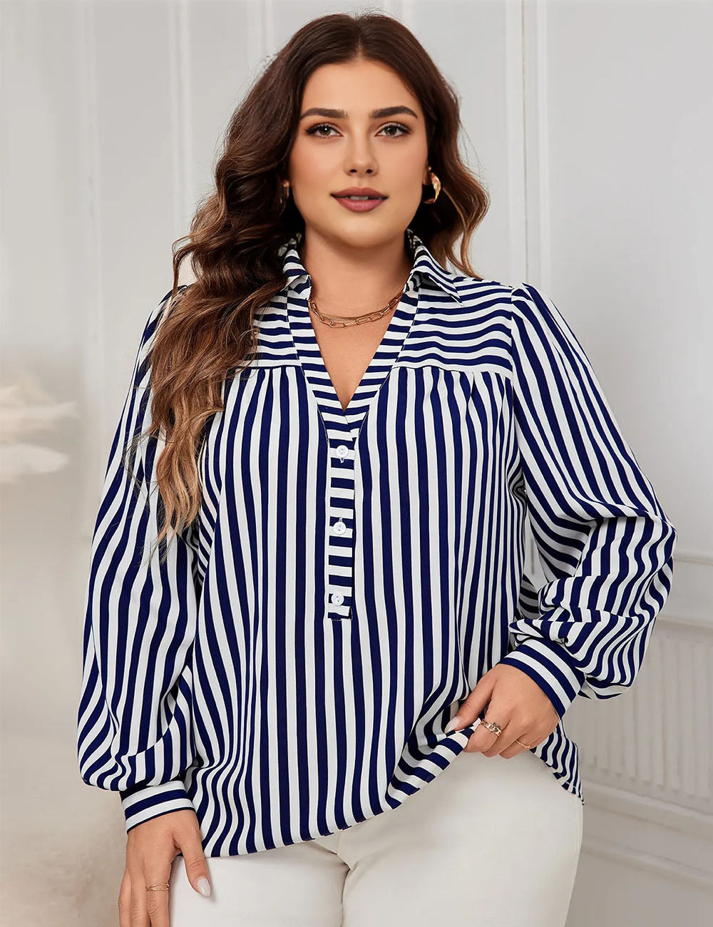 Women Plus Size Blue And White Striped V-Neck Long-Sleeved Shirt | PRUSES