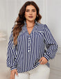 Women Plus Size Blue And White Striped V-Neck Long-Sleeved Shirt | PRUSES