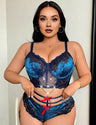 Women Plus Size Blue Chain Patchwork Lace Bra and Panty Set