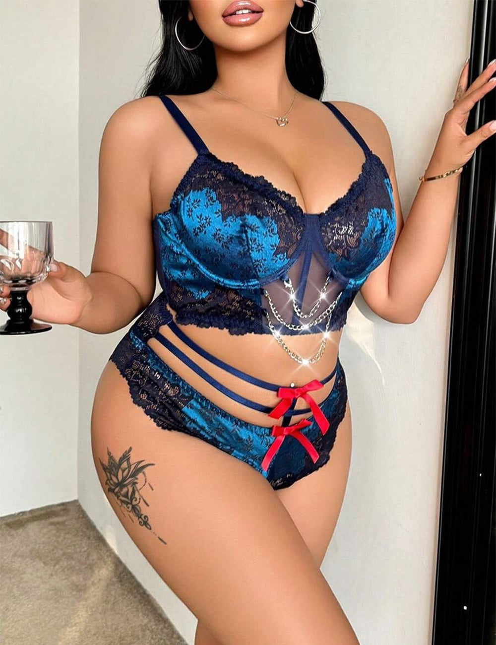 Women Plus Size Blue Chain Patchwork Lace Bra and Panty Set