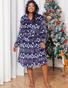 Women Plus Size Blue Christmas Hooded Flannel Robe