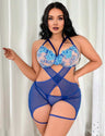 Women Plus Size Blue Floral Embroidered Sheer Mesh Teddy Lingerie