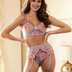 Women Plus Size Blue Floral Embroidery Underwire Garter Lingerie Bra Set