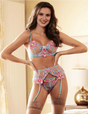 Women Plus Size Blue Floral Embroidery Underwire Garter Lingerie Bra Set