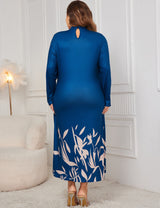 Women Plus Size Blue Floral Print Mock Neck Faux Two-Piece Dress