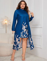 Women Plus Size Blue Floral Print Mock Neck Faux Two-Piece Dress