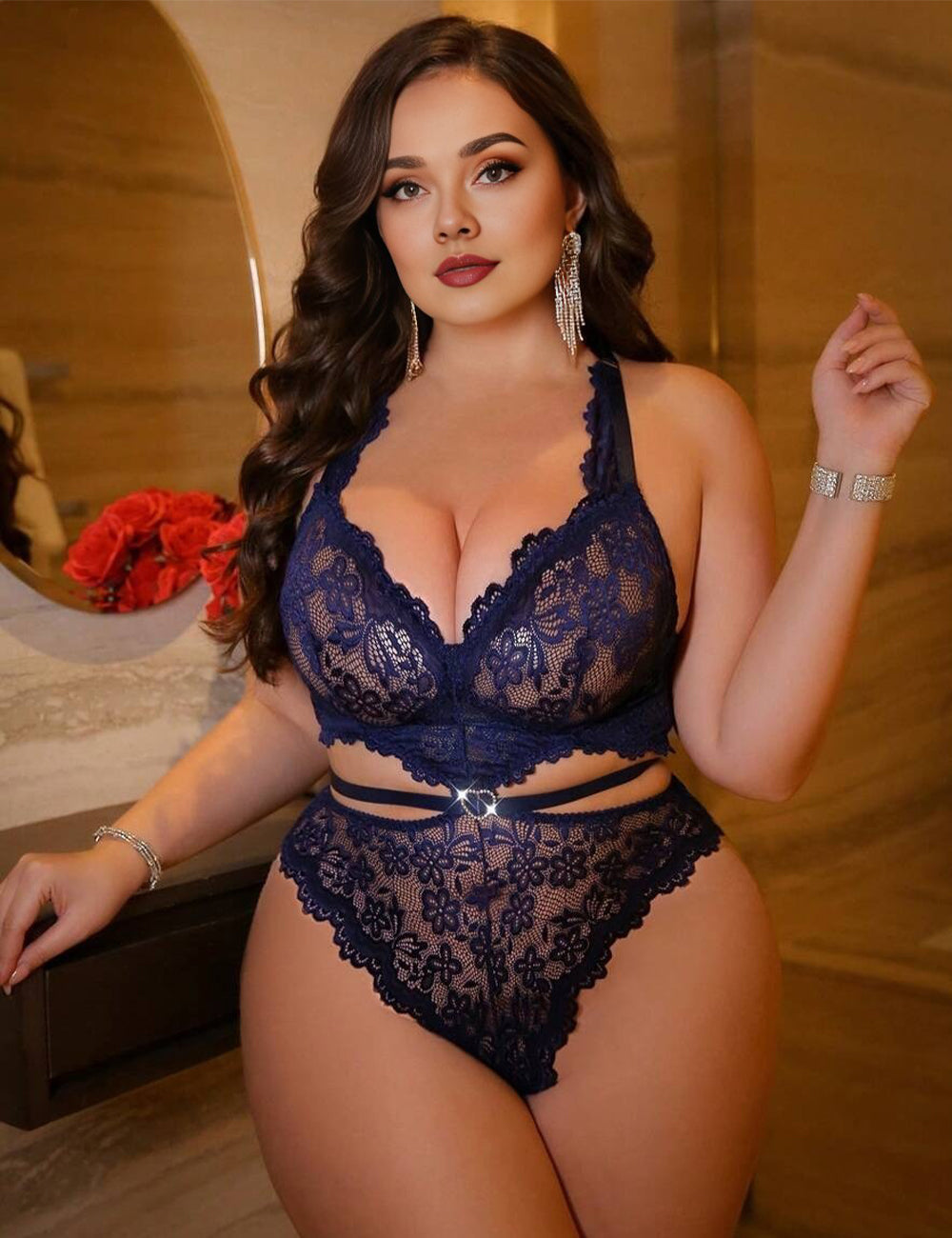 Women Plus Size Blue Heart-Decor Lace Teddy With Underwire
