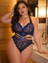 Women Plus Size Blue Heart-Decor Lace Teddy With Underwire