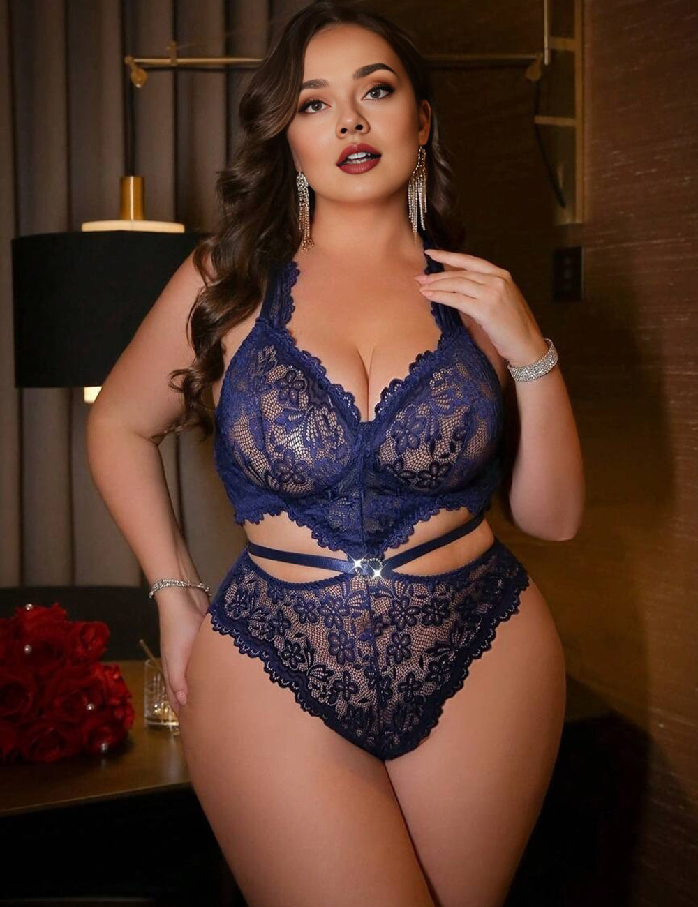 Women Plus Size Blue Heart-Decor Lace Teddy With Underwire
