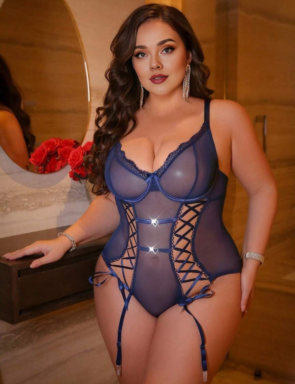 Women Plus Size Blue Lace Splicing Mesh Teddy