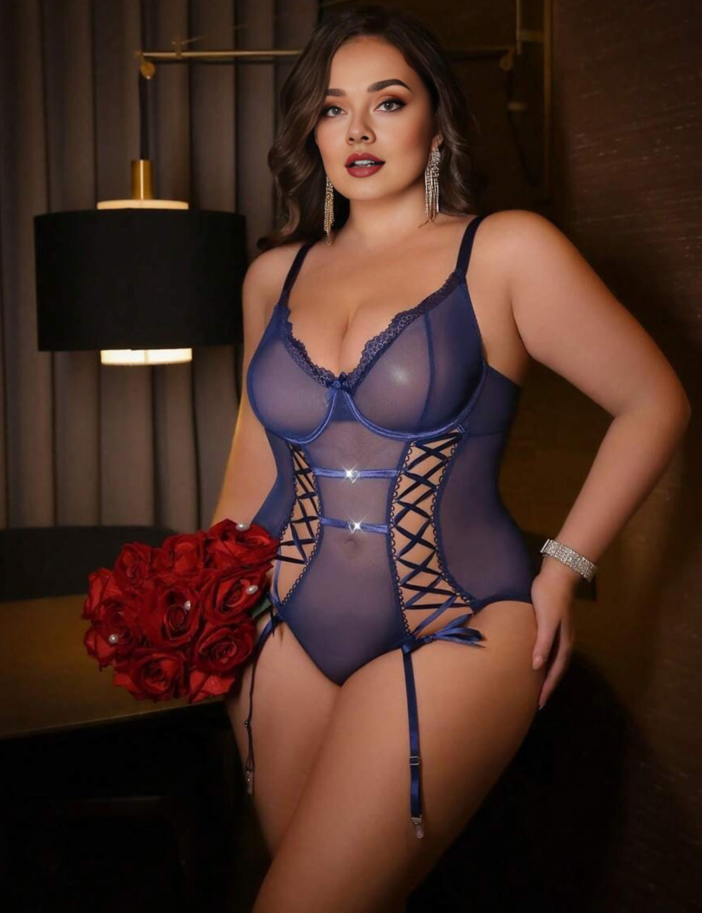 Women Plus Size Blue Lace Splicing Mesh Teddy