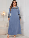 Women Plus Size Blue Modest Floral Pattern Long Sleeve Dress