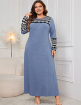 Women Plus Size Blue Modest Floral Pattern Long Sleeve Dress