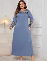 Women Plus Size Blue Modest Floral Pattern Long Sleeve Dress
