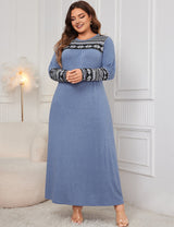 Women Plus Size Blue Modest Floral Pattern Long Sleeve Dress
