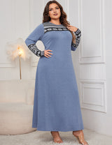 Women Plus Size Blue Modest Floral Pattern Long Sleeve Dress