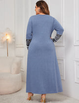 Women Plus Size Blue Modest Floral Pattern Long Sleeve Dress