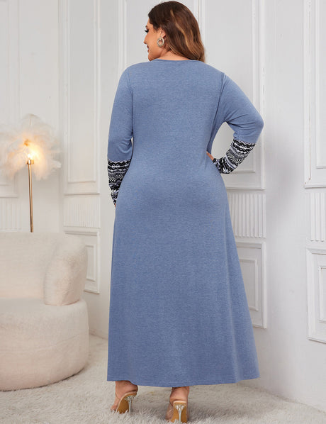 Women Plus Size Blue Modest Floral Pattern Long Sleeve Dress