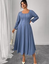 Women Plus Size Blue Pintuck Seam A-Line Dress