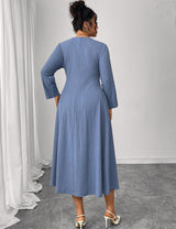 Women Plus Size Blue Pintuck Seam A-Line Dress